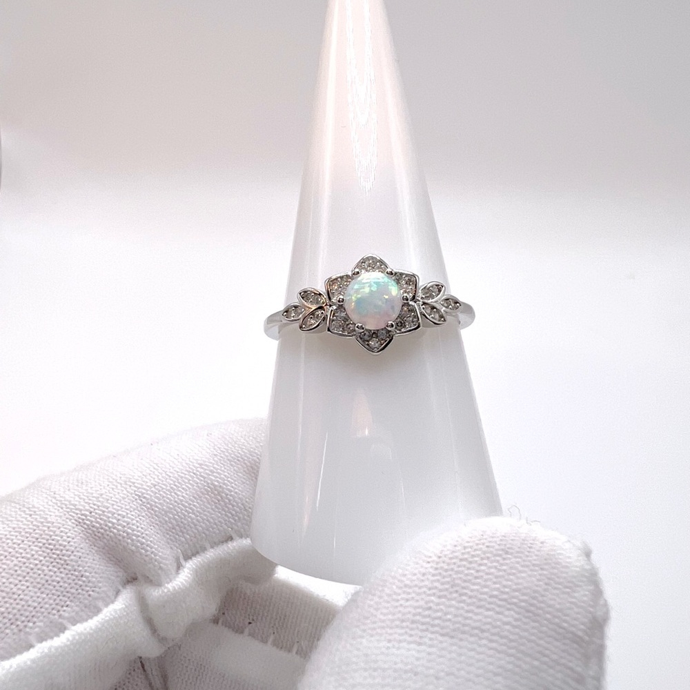 .925 Sterling Silver Lab Created White Opal Floral Ring - Picture 7 of 16